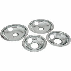 SET OF FOUR CHROME DRIP PANS.